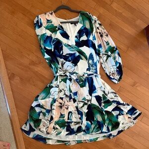 White House Black Market Floral Wrap Dress in Blue, Green, Cream